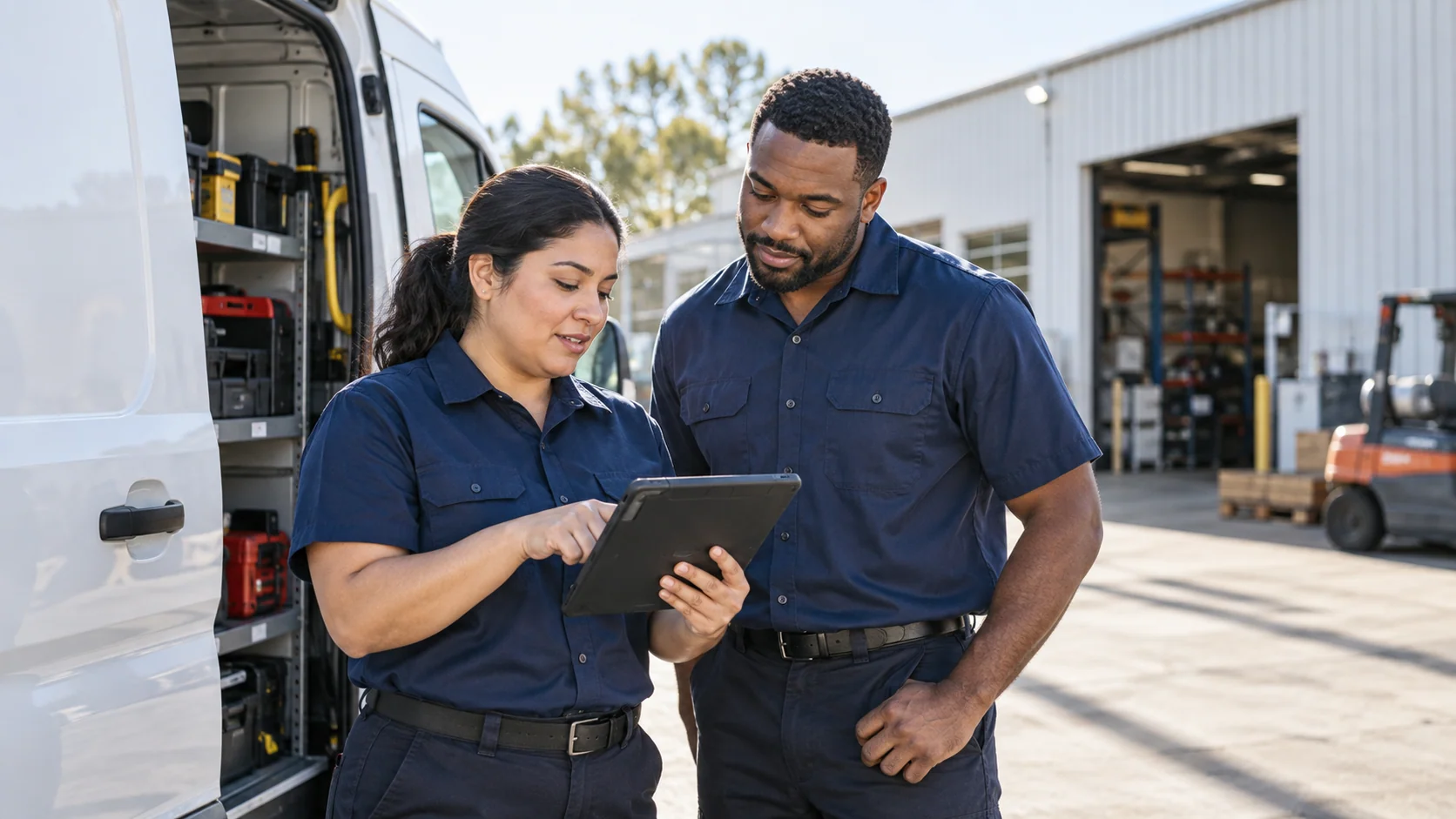 Field-service technicians checking the next job beside their service van